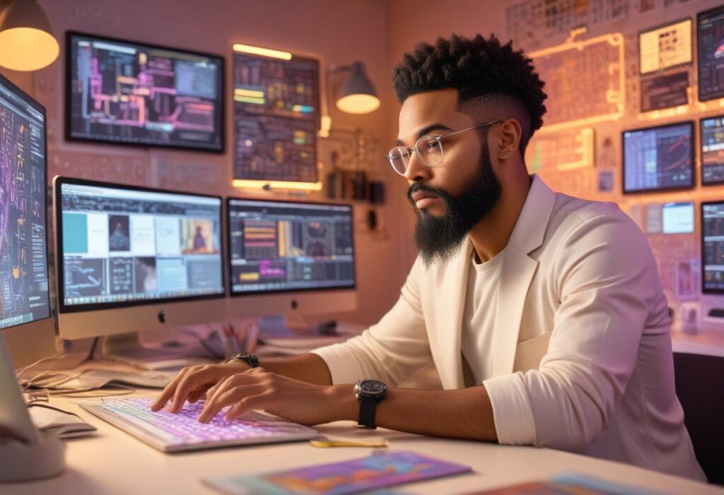 pikaso texttoimage A vibrant digital workspace showing a mixedrace ma