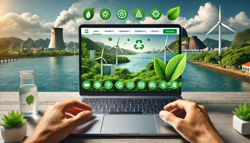 DALL·E 2025 01 28 08.36.30 An open laptop displaying a modern responsive website with a focus on sustainability. The website features green leaves renewable energy icons and